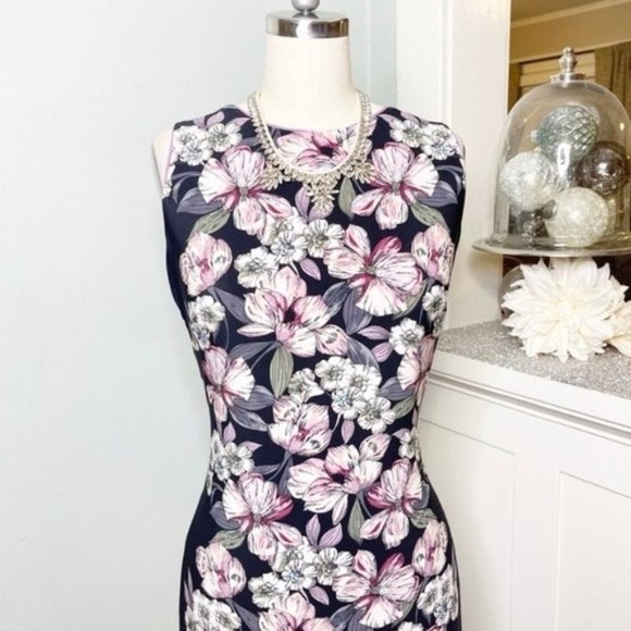 White House Black Market Floral Midi Sheath Dress Black Pink XS - Picture 4 of 11
